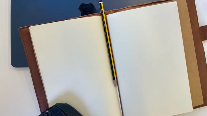 image of a pencil placed in the middle of an open notebook with blank pages.