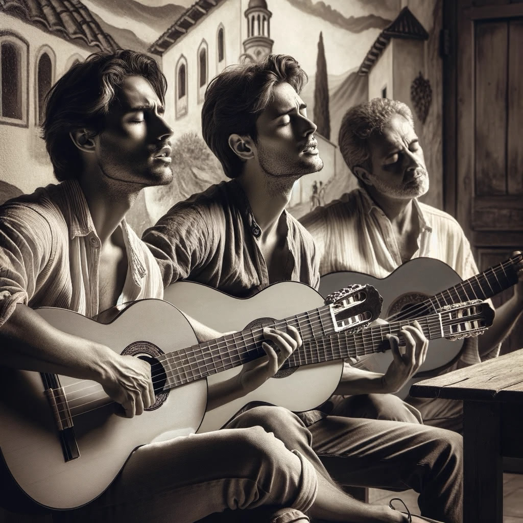 DALL·E 2024-02-01 14.34.24 - Create an image of three men sitting together playing classical guitars. One man is singing with great emotion, eyes closed and head tilted back. Anot