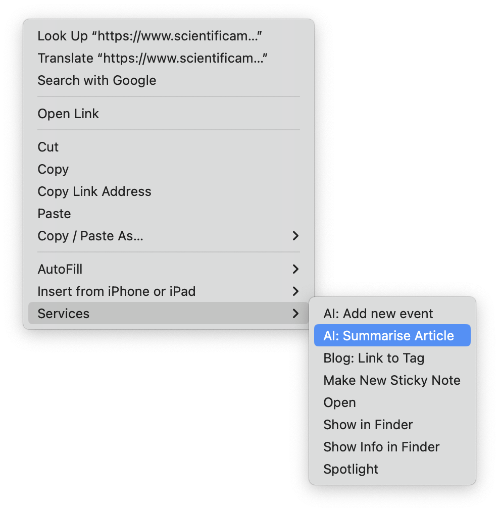 menu de serviços dos atalhos do MacOS