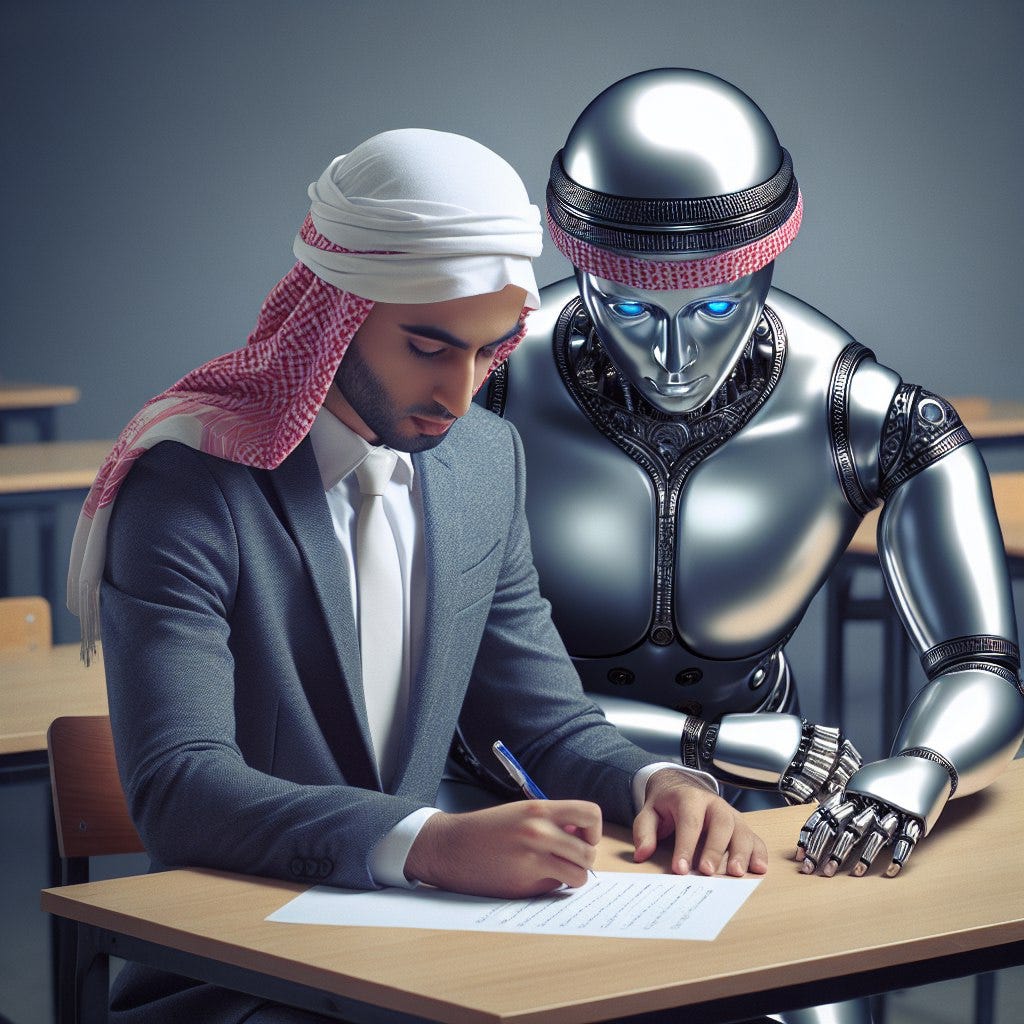 ai generated image of a man taking an exam with an ai robot looking over his shoulder. the man looks arab.