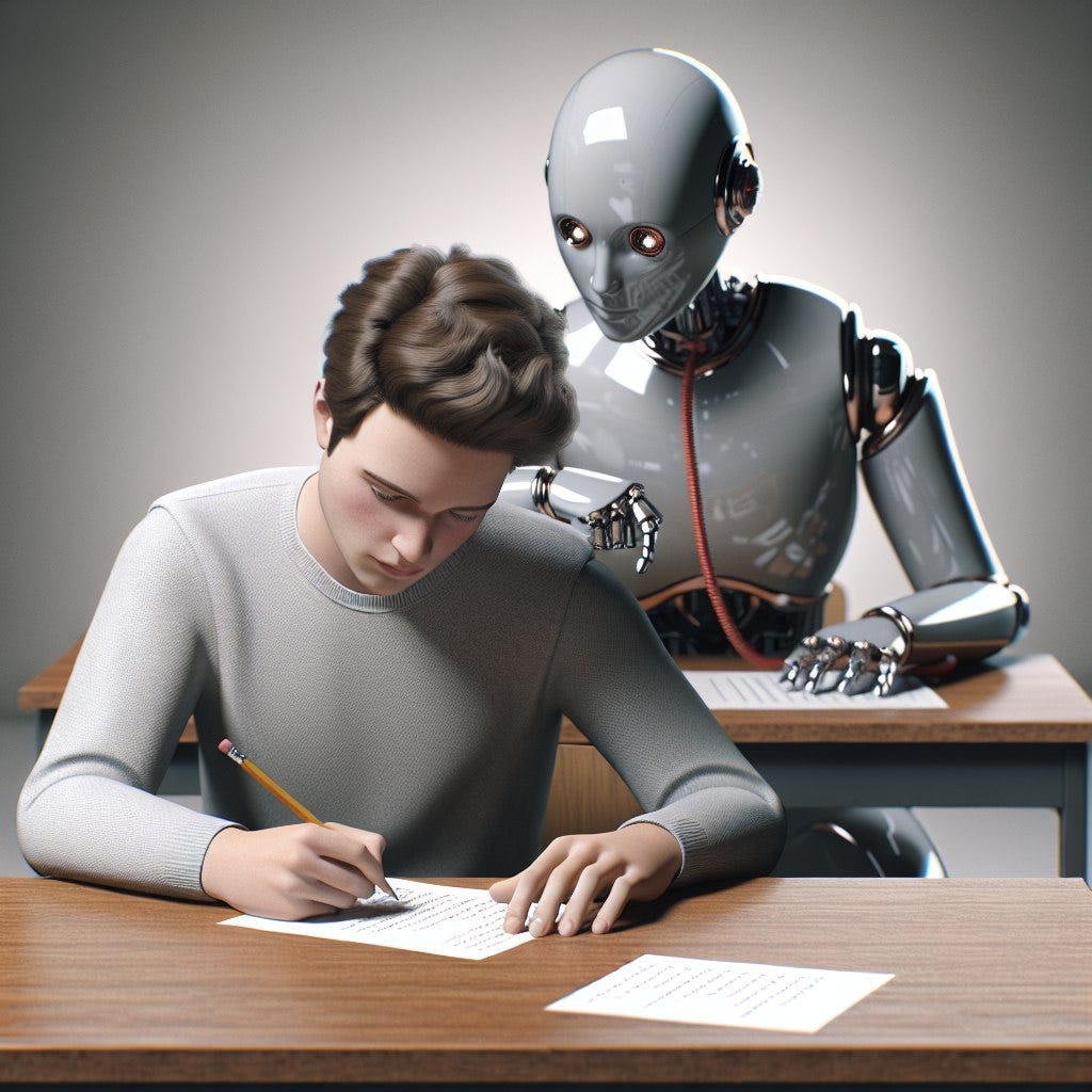 an ai looking over the shoulder of a man writing an exam. the man looks european