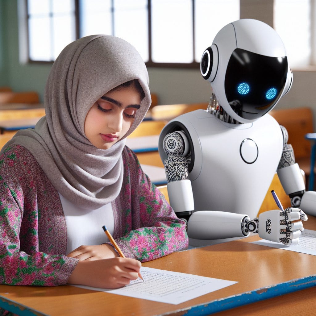 ai generated image of a muslim girl taking an exam with a robot trying to peek the answers