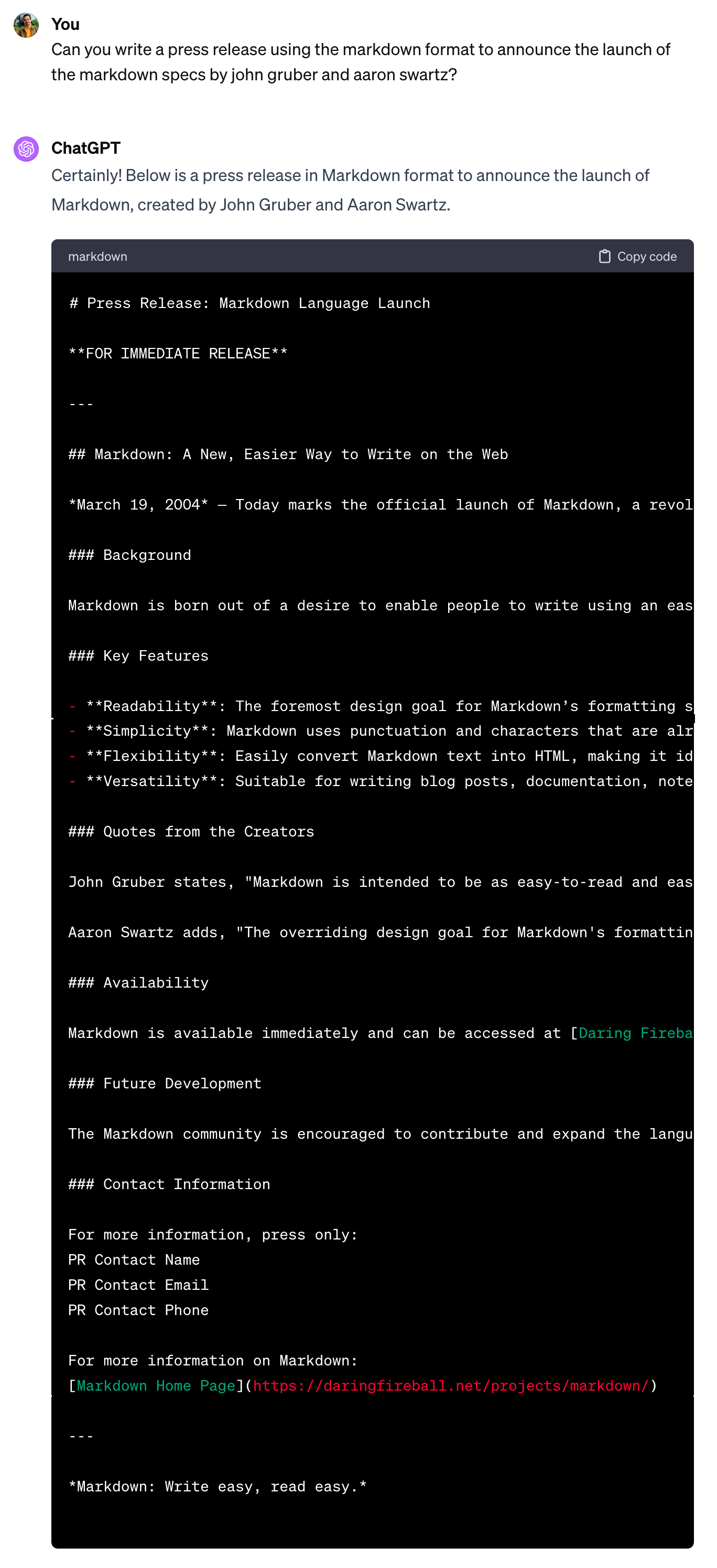 example of chatgpt responding with markdown to the prompt &ldquo;Can you write a press release using the markdown format to announce the launch of the markdown specs by john gruber and aaron swartz?&rdquo;
