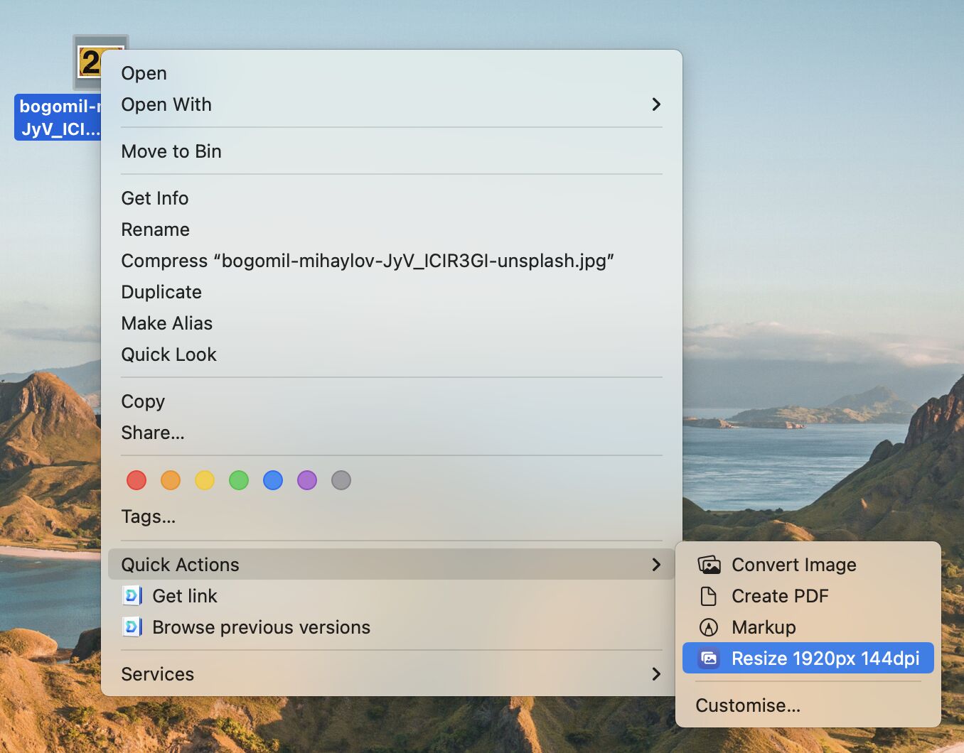macos right click menu on an image showing a new quick action menu